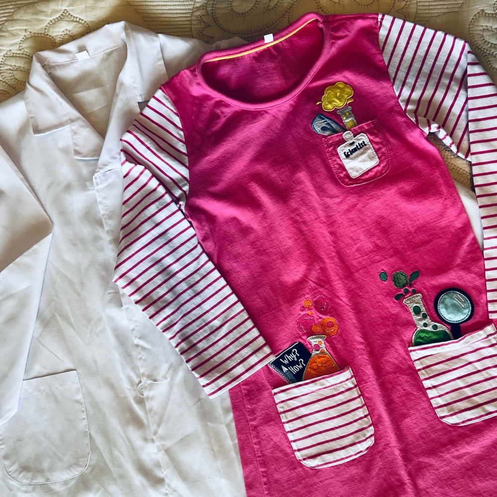Pink and White Striped Girls Dress with Science Theme with Lab Coat size M